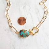 Copper Turquoise Necklace on gold paperclip style chain, front horseshoe shackle screw clasp, facet cut stone pendant, gold brown blue green - Constant Baubling