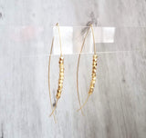 Gold Marquis Hoops - long fish shaped crossover wire, pointed oval shape, tiny gold nugget faceted beads, sleek earrings, 3 inch earring - Constant Baubling