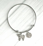 Pug Bracelet - silver bangle adjustable double loop pet dog charm - personalized letter initial monogram - fawn black flat squish face baby - Constant Baubling