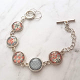 Moroccan Bracelet - silver glass charm disk bezel - grey/orange red fancy swirl damask gray polka dot print toggle clasp - gift for her - Constant Baubling