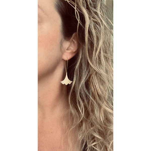 Gold Leaf Earrings, Asian earrings, ginkgo earring, brushed gold earring, brass earring, ruffled edge charm, resilience endurance longevity - Constant Baubling