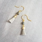 Tiny Tassel Earrings - little grey dark chrome facet cut glass bead & small thread fringe, 14K solid gold/gold fill/gold plate hooks - Constant Baubling