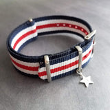 Stars & Stripes Bracelet, wide bracelet, seatbelt bracelet, red white blue bracelet, 4th of July, USA independence day, buckle strap wrap - Constant Baubling