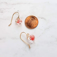 Coral Earrings - 14K gold fill curvy hooks & small boro glass lampwork drops, coral pink orange melon teardrops in clear, bubble earring - Constant Baubling