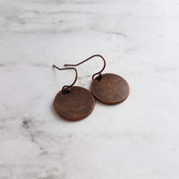 Copper Disk Earrings, aged copper earring, copper circle earring, flat circle earring, small copper disk earring antique copper disk earring - Constant Baubling