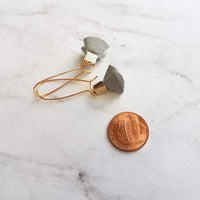 Grey Tassel Earrings - tiny faux suede folded fabric on long latching kidney ear hooks, gray vegan leather, small fan shape, little dangle - Constant Baubling