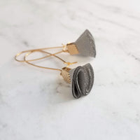 Grey Tassel Earrings - tiny faux suede folded fabric on long latching kidney ear hooks, gray vegan leather, small fan shape, little dangle - Constant Baubling