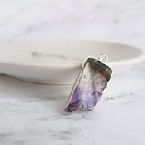 Amethyst Chunk Necklace, silver edge amethyst, gemstone slice pendant, thin silver chain, February birthstone gift, raw edge purple stone - Constant Baubling