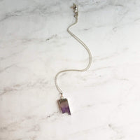 Amethyst Chunk Necklace, silver edge amethyst, gemstone slice pendant, thin silver chain, February birthstone gift, raw edge purple stone - Constant Baubling