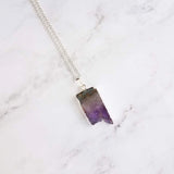 Amethyst Chunk Necklace, silver edge amethyst, gemstone slice pendant, thin silver chain, February birthstone gift, raw edge purple stone - Constant Baubling
