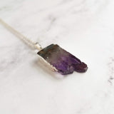 Amethyst Chunk Necklace, silver edge amethyst, gemstone slice pendant, thin silver chain, February birthstone gift, raw edge purple stone - Constant Baubling