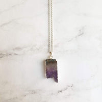 Amethyst Chunk Necklace, silver edge amethyst, gemstone slice pendant, thin silver chain, February birthstone gift, raw edge purple stone - Constant Baubling