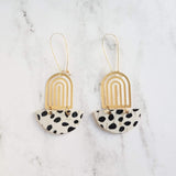 Large Leopard Print Earrings - gold brass rainbow arches w/ black white pony cow spots, long latching kidney ear hooks, 3 inch, cork leather - Constant Baubling