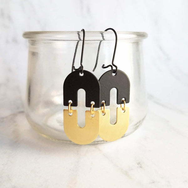 Black & Gold Earrings, double arch earring, matte black earrings, semicircle shape, u-shape earring, fun unique jewelry, mixed oval earring - Constant Baubling