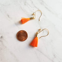 Tassel Earrings - gold cap fringe on fancy 4 ball hooks in teal, pale light blue, bright orange, hot/fuchsia pink, silky colorful jewelry - Constant Baubling