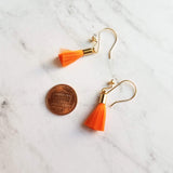 Tassel Earrings - gold cap fringe on fancy 4 ball hooks in teal, pale light blue, bright orange, hot/fuchsia pink, silky colorful jewelry - Constant Baubling