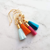 Tassel Earrings - gold cap fringe on fancy 4 ball hooks in teal, pale light blue, bright orange, hot/fuchsia pink, silky colorful jewelry - Constant Baubling