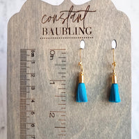 Tassel Earrings - gold cap fringe on fancy 4 ball hooks in teal, pale light blue, bright orange, hot/fuchsia pink, silky colorful jewelry - Constant Baubling