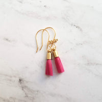 Tassel Earrings - gold cap fringe on fancy 4 ball hooks in teal, pale light blue, bright orange, hot/fuchsia pink, silky colorful jewelry - Constant Baubling