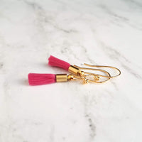Tassel Earrings - gold cap fringe on fancy 4 ball hooks in teal, pale light blue, bright orange, hot/fuchsia pink, silky colorful jewelry - Constant Baubling