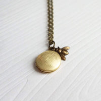 Bumblebee Locket Necklace, tiny brass locket, miniature pendant, gold locket, bee locket, aged bronze bee, small bee charm, fine thin chain - Constant Baubling