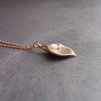 Rose Gold Lily Necklace, small lily necklace, rose gold chain, freshwater pearl necklace, rose gold flower pendant bridal jewelry calla lily - Constant Baubling