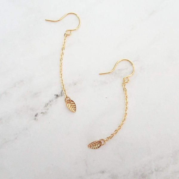 Gold Leaf Earring - long chains w/ simple minimalist small leaves, delicate fine ear hooks, 14K gold fill option, elegant everyday autumn - Constant Baubling