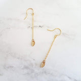 Gold Leaf Earring - long chains w/ simple minimalist small leaves, delicate fine ear hooks, 14K gold fill option, elegant everyday autumn - Constant Baubling