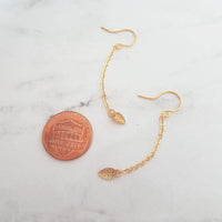 Gold Leaf Earring - long chains w/ simple minimalist small leaves, delicate fine ear hooks, 14K gold fill option, elegant everyday autumn - Constant Baubling