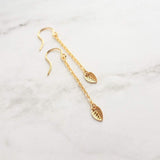 Gold Leaf Earring - long chains w/ simple minimalist small leaves, delicate fine ear hooks, 14K gold fill option, elegant everyday autumn - Constant Baubling