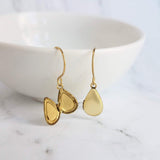 Brass Locket Earrings - vintage small raw brass teardrop lockets, simple delicate 14K gold plate ear hooks, handmade personal gift for photo - Constant Baubling