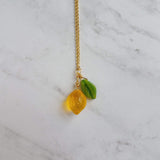 Lemon Necklace, yellow lemon pendant, citrus fruit necklace, green leaf, when life gives you lemons make lemonade, gold chain summer jewelry - Constant Baubling