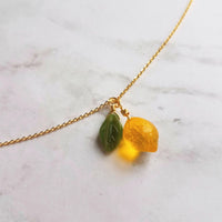 Lemon Necklace, yellow lemon pendant, citrus fruit necklace, green leaf, when life gives you lemons make lemonade, gold chain summer jewelry - Constant Baubling