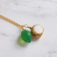 Lime in the Coconut Necklace, green glass citrus fruit pendant, small summer tropical drink charm, vacation souvenir, gold beach jewelry - Constant Baubling