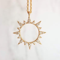 Gold Sun Necklace, cubic zirconia sun, spiky sun pendant, crystal sun pendant, open circle sunshine pendant, gold sun charm, thin chain - Constant Baubling