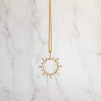 Gold Sun Necklace, cubic zirconia sun, spiky sun pendant, crystal sun pendant, open circle sunshine pendant, gold sun charm, thin chain - Constant Baubling