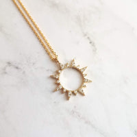 Gold Sun Necklace, cubic zirconia sun, spiky sun pendant, crystal sun pendant, open circle sunshine pendant, gold sun charm, thin chain - Constant Baubling