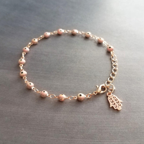 Evil Eye Bracelet, rose gold bracelet, Hamsa bracelet, hand of Fatima bracelet, spiritual bracelet, protection bracelet pink amulet talisman - Constant Baubling