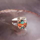 Aztec Print Silver Ring - adjustable wide double band, round glass stone, orange turquoise teal aqua blue diamond pattern, size 5 6 7 8 9 - Constant Baubling