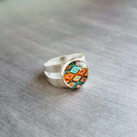 Aztec Print Silver Ring - adjustable wide double band, round glass stone, orange turquoise teal aqua blue diamond pattern, size 5 6 7 8 9 - Constant Baubling