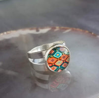 Aztec Print Silver Ring - adjustable wide double band, round glass stone, orange turquoise teal aqua blue diamond pattern, size 5 6 7 8 9 - Constant Baubling