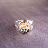 Flower Ring, wide silver band ring, double band ring, adjustable silver ring, round glass stone ring, yellow floral ring, 5 6 7 8 9 large - Constant Baubling