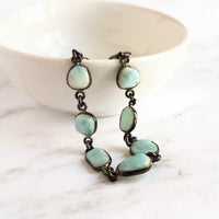 Blue Larimar Bracelet w/ shiny black gunmetal bezel frames, small organically shaped oval gemstones, aqua genuine stone adjustable chain - Constant Baubling