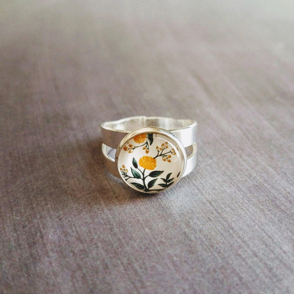 Flower Ring, wide silver band ring, double band ring, adjustable silver ring, round glass stone ring, yellow floral ring, 5 6 7 8 9 large - Constant Baubling