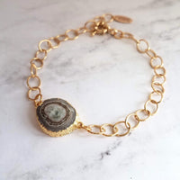 Stone Slice Bracelet - chunky gold chain, agate bracelet, banded agate jewelry, gold stone bracelet, stone bracelet, gold edge stone, large - Constant Baubling