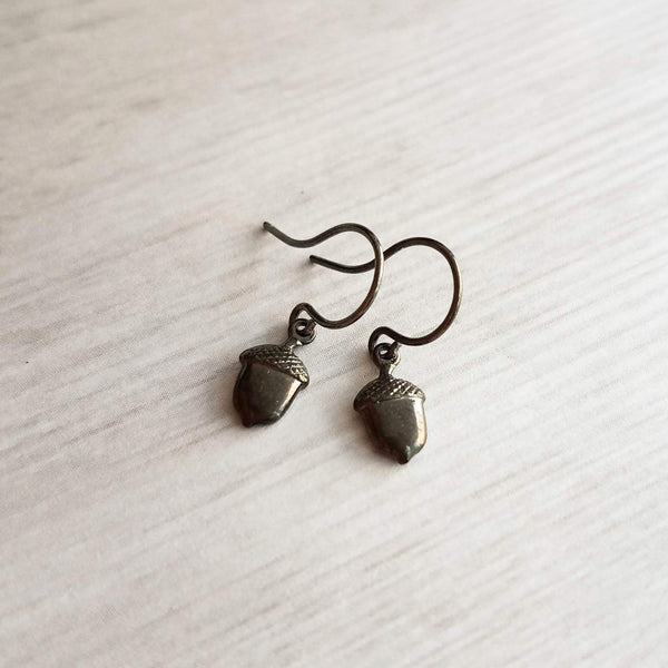 Mini Acorn Earrings - small black silver gunmetal squirrel nut charms dangle on delicate shiny little ear hooks, fall autumn jewelry - Constant Baubling