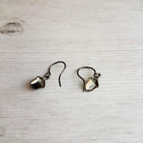 Mini Acorn Earrings - small black silver gunmetal squirrel nut charms dangle on delicate shiny little ear hooks, fall autumn jewelry - Constant Baubling