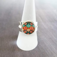 Aztec Print Silver Ring - adjustable wide double band, round glass stone, orange turquoise teal aqua blue diamond pattern, size 5 6 7 8 9 - Constant Baubling