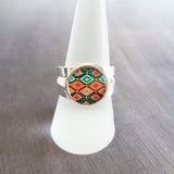 Aztec Print Silver Ring - adjustable wide double band, round glass stone, orange turquoise teal aqua blue diamond pattern, size 5 6 7 8 9 - Constant Baubling