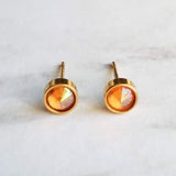 Orange Stud Earrings - tiny little round AB opalescent rhinestone gem, gold plated hypoallergenic stainless steel, girls, minimalist jewelry - Constant Baubling